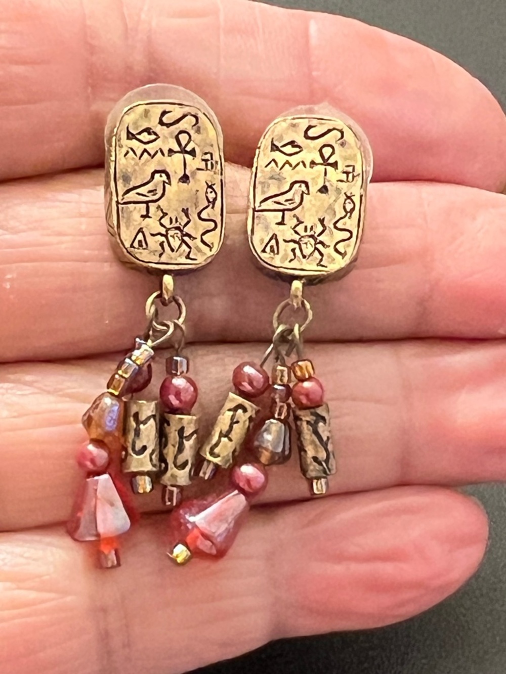 Chico's Antique Gold Tone Egyptian Revival Cartouche Glass Bead Dangle Earrings